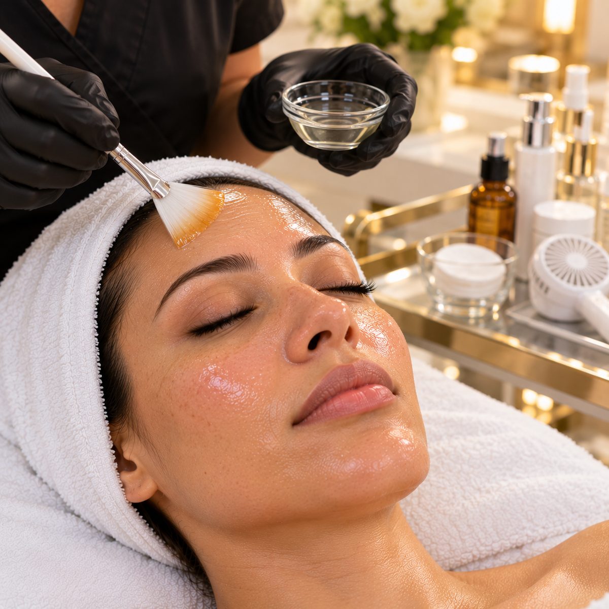 Aesthetician in black gloves applying a peel solution to a client's forehead with a fan brush