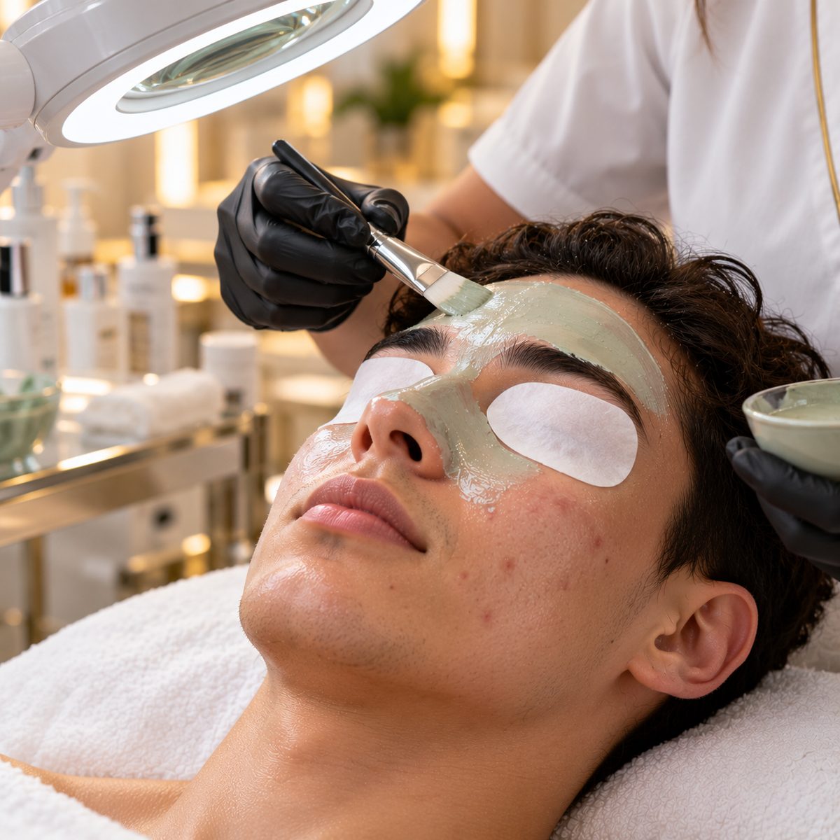 Aesthetician brushing a calming clay mask onto a young man's T-zone under a magnifying lamp