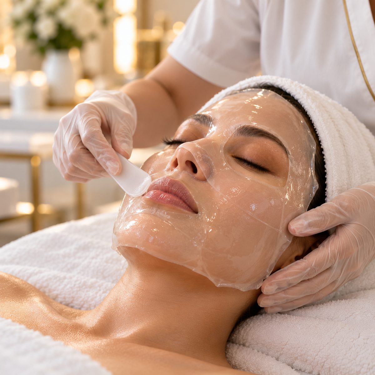 Aesthetician smoothing a translucent pure collagen sheet over a client's face with a spatula