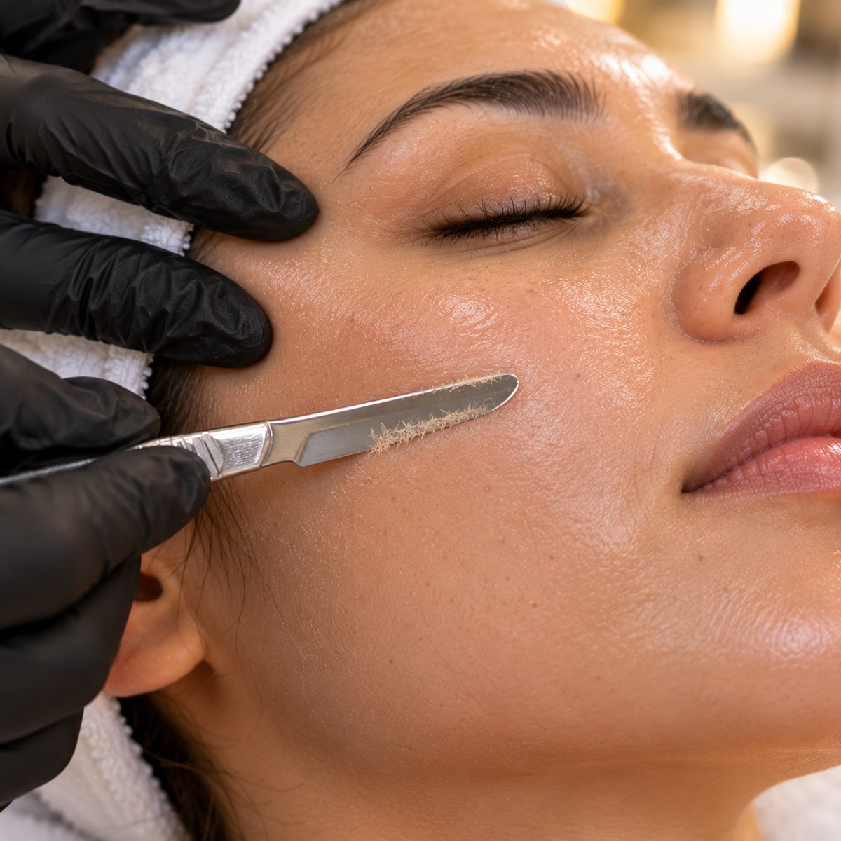 Close-up of dermaplaning: a sterile blade gently lifting peach fuzz from a client's cheek