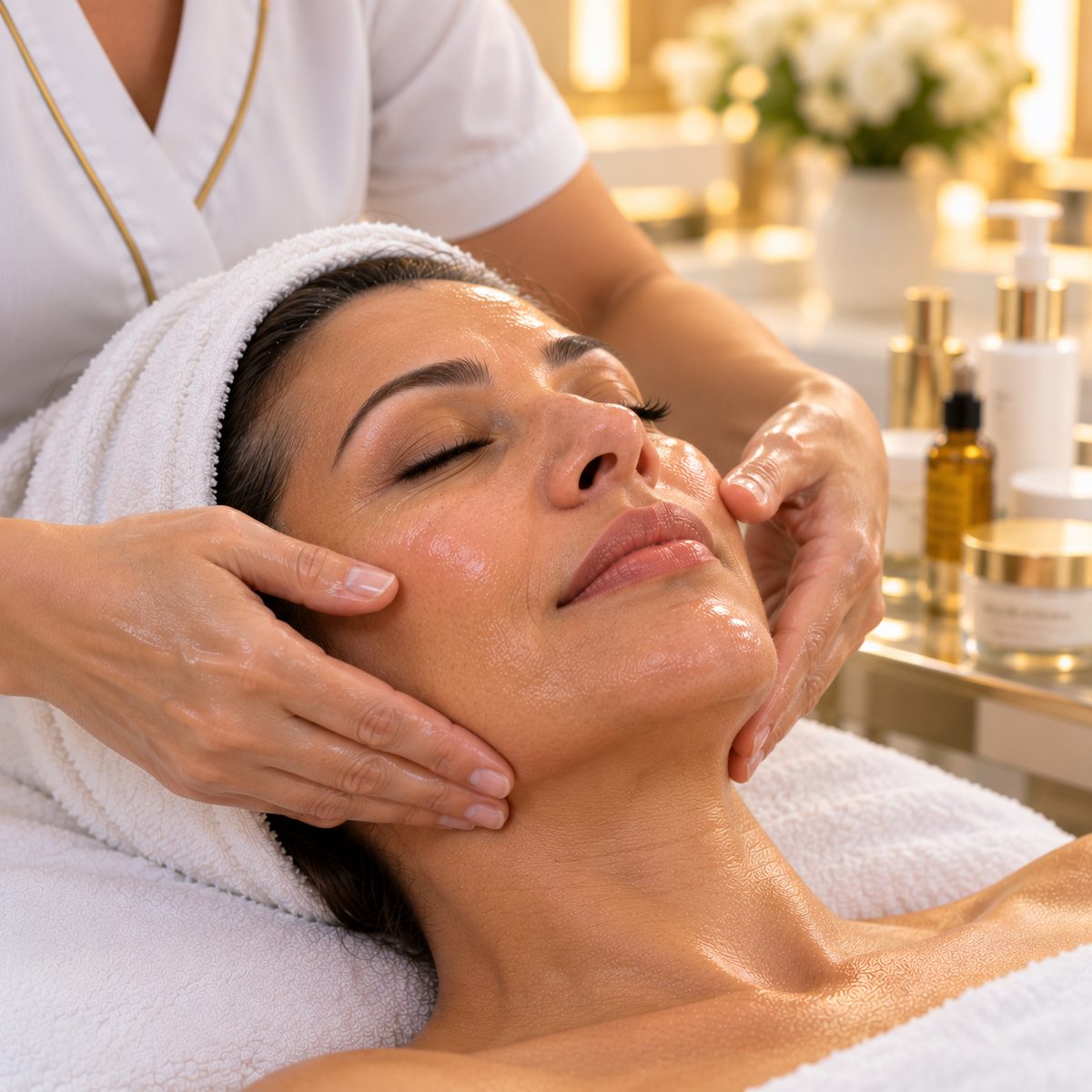 Aesthetician performing a lifting massage along a client's jawline and cheekbones