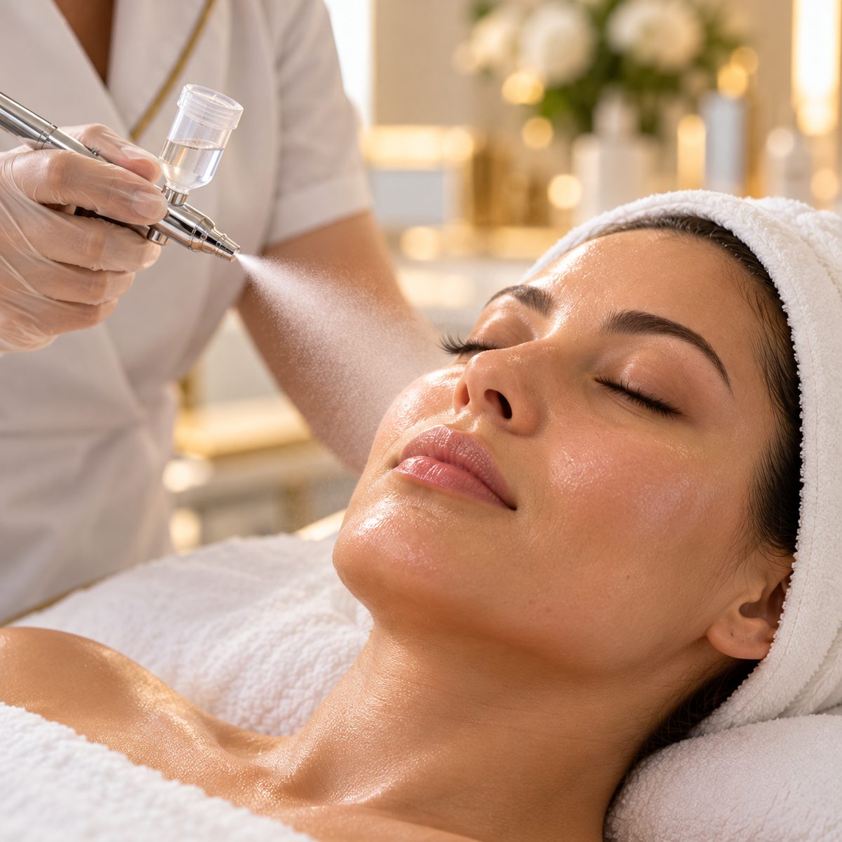 Aesthetician spraying a fine oxygen and serum mist onto a client's face with an airbrush wand