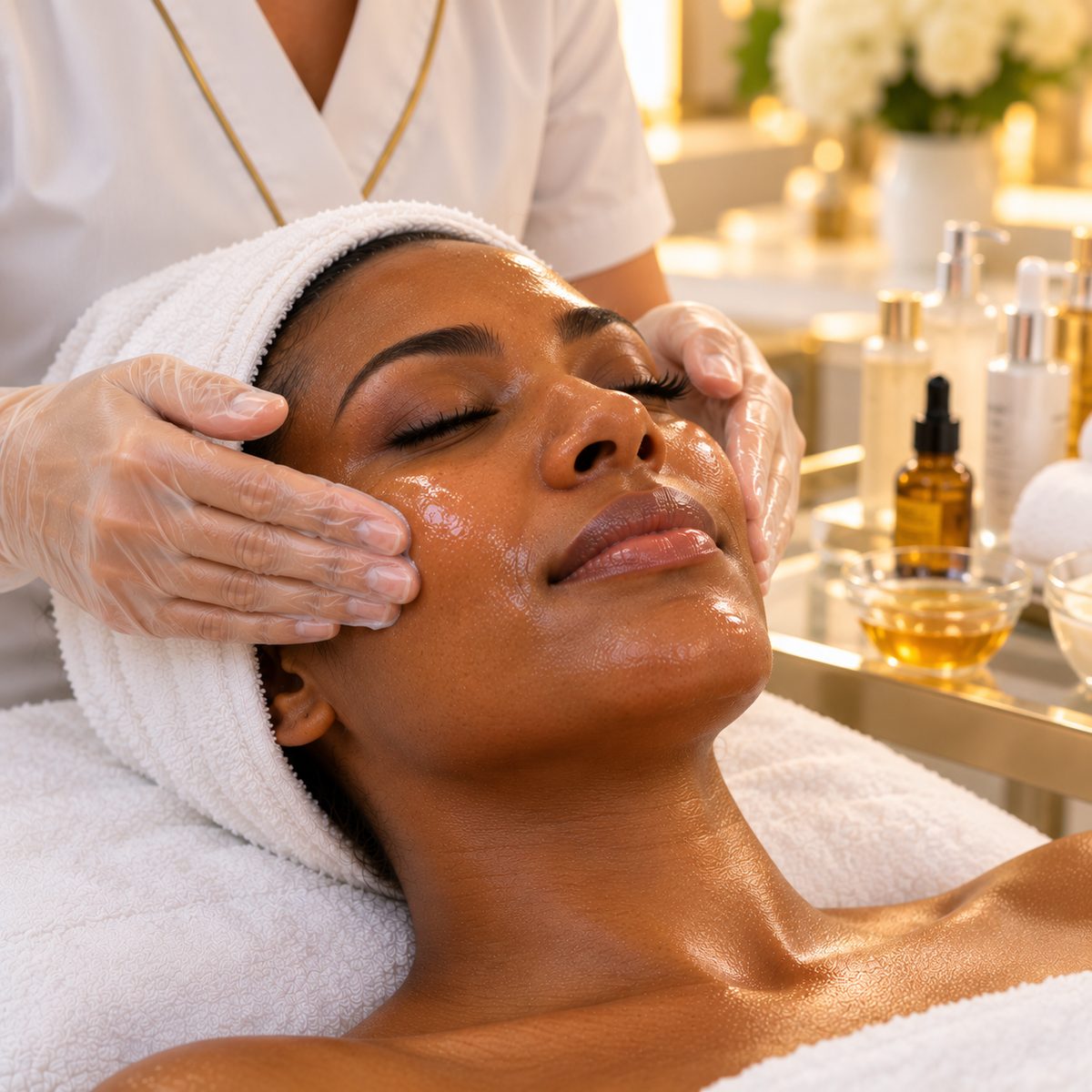 Aesthetician pressing a brightening serum into the glowing skin of a client with a deep skin tone