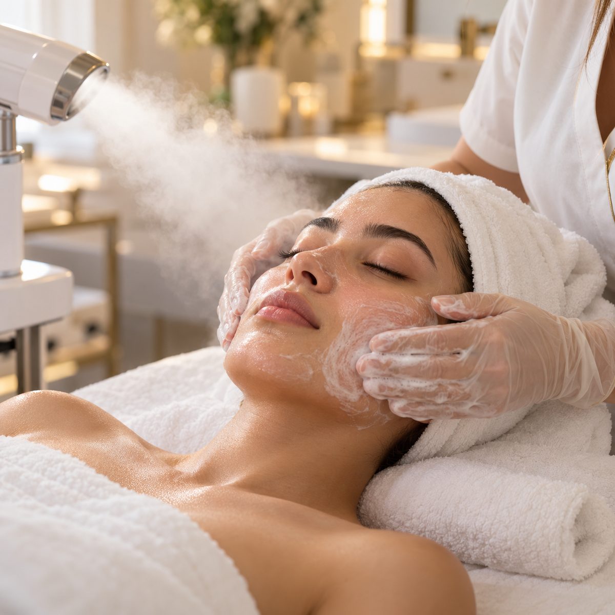 Aesthetician massaging a foaming cleanser into a client's skin beside a facial steamer