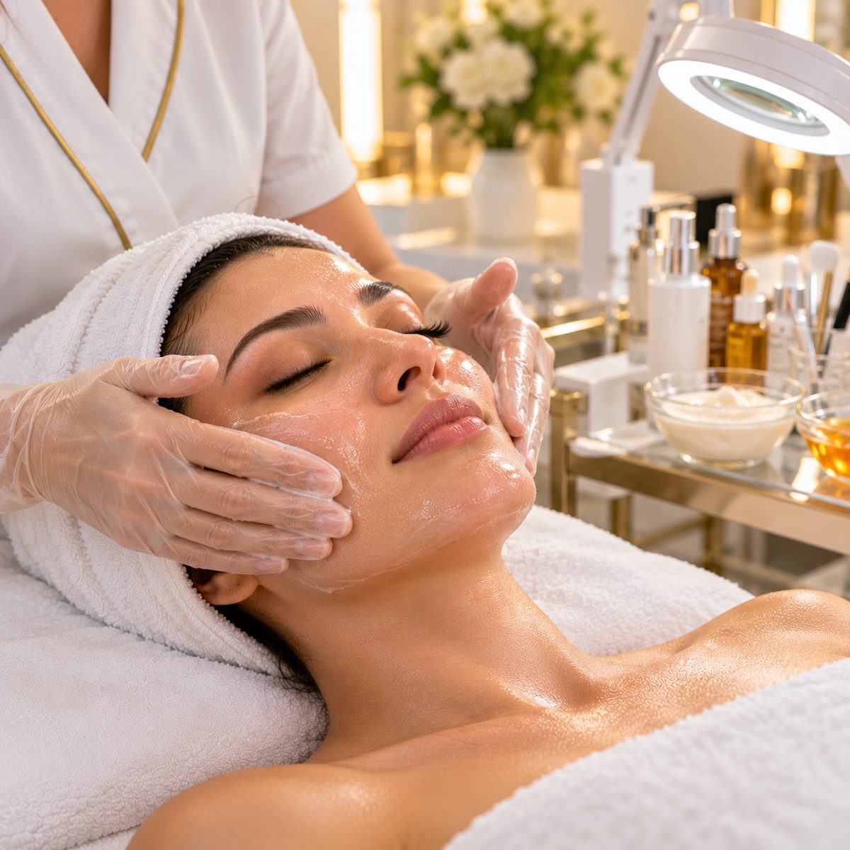 Aesthetician giving a client a facial massage beside a skin analysis lamp and serums