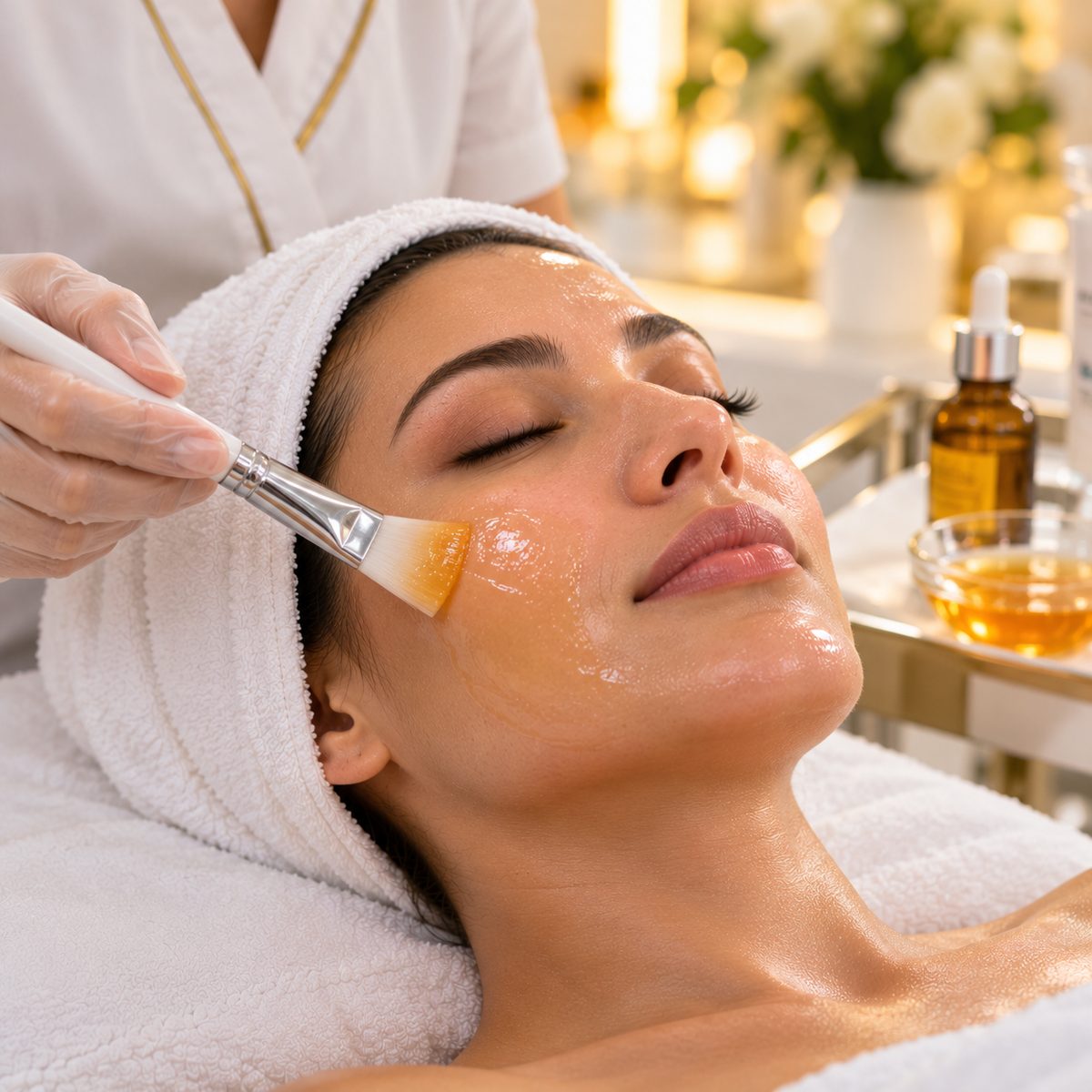 Aesthetician brushing a golden vitamin C serum onto a client's cheek